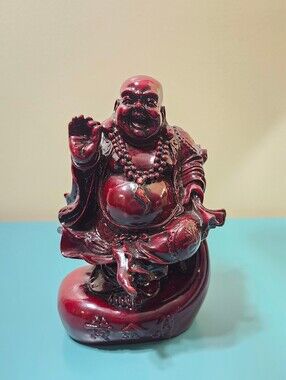 Red Resin Laughing Buddha Budai figurine Happiness Wealth Fang Shui Statue 90's